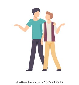 Young Guys Walking in Planetarium and Learning Galaxy Vector Illustration