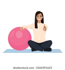 Young gym instructor woman sitting on yoga mat next to a balance ball. Flat vector Character Illustration