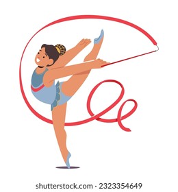 Young Gymnast Child Girl Character Gracefully Twirls With A Ribbon, Showcasing Her Skills And Poise As She Captivates The Audience With Her Impressive Dance. Cartoon People Vector Illustration