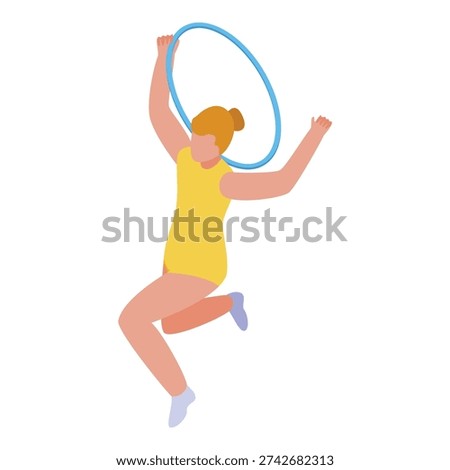 Young gymnast is gracefully jumping while expertly manipulating a hula hoop