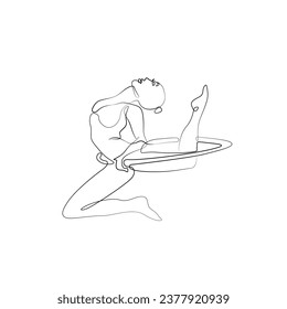 Young gymnast with hoop trick, continuous line drawing, girl athlete rhythmic gymnastics, single line on white background, tattoo, print, logo design, isolated vector black and white illustration. 