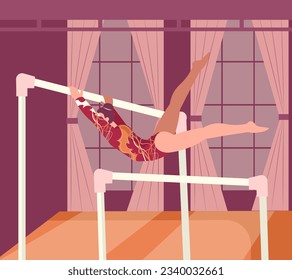 Young gymnast performs flip jump on horizontal bar in gym. Competitions in gym. Gymnast performing exercise on competitions. Flat vector illustration in cartoon style in red colors