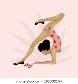 Young gymnast in pink leotard goes in for sports with club.