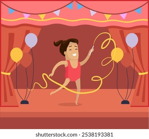 Gimnasta joven en leotardo rojo actuando con una cinta en un escenario decorado. Globos y bunting cuelgan del techo. Ideal para gimnasia, performances, celebraciones, atletismo, dinamismo