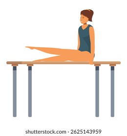 Young gymnast is sitting on a balance beam, stretching her leg muscles in preparation for her training