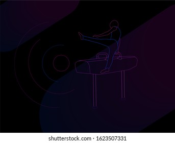 Young gymnast. Sport Life. Flat Vector Illustration. Exercises on a gymnastic horse. Healthy Lifestyle Concept. 