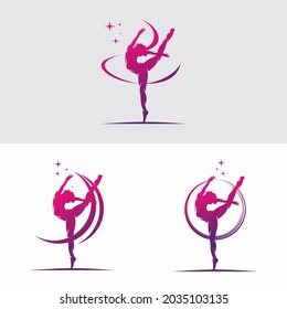 Young gymnast woman dance with ribbon logo