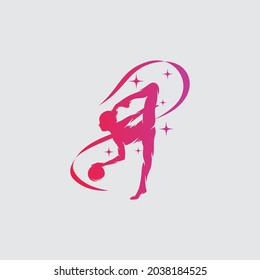 Young gymnast woman dance with ribbon logo