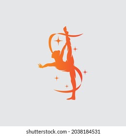 Young gymnast woman dance with ribbon logo