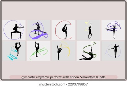 Young gymnast woman dance ribbon silhouette performing rhythmic gymnastics element,Set of rhythmic gymnastics silhouettes,Rhythmic gymnastics. Girl with maces, ball, ribbon, hoop, set of vector silhou