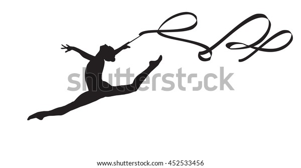 Young gymnast woman dance ribbon silhouette\
performing rhythmic gymnastics element, jumping doing split leap in\
the air, Girl dancer solated on white background. Junior national\
group Gymnastic 2023