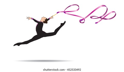 Young gymnast woman with ribbon jumping, doing split leap in the air, isolated on white. Gymnastic element, athletic, sport. Illustration. Rhythmic gymnastics, Summer games. Brazil 2023. Rio. Junior.