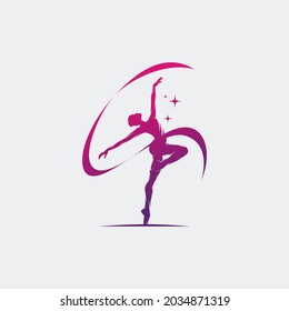 Young gymnastics with ribbon logo design