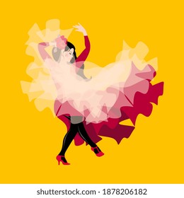A young gypsy girl, dressed in a dark pink dress and holding a white transparent shawl, is dancing flamenco.