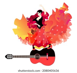 A young gypsy girl, dressed in a long dress, dances flamenco on a large black and red guitar. A yellow-orange mantone flies up behind her. Isolated on white background