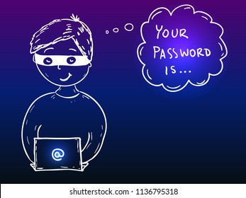 Young hacker boy with laptop stealing password - security doodle