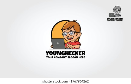Young Hacker Logo Cartoon Mascot. Vector logo illustration. Vector cartoon working with his laptop. A cute and Smart Mascot Boy / Character for your web design needs.