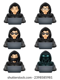 young hacker programmer it specialist coder sitting at a laptop in a sweater with a hood vector illustration