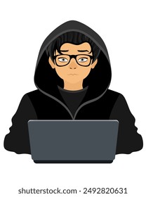 young hacker programmer it specialist coder sitting at a laptop in a sweater with a hood flat style vector illustration isolated on white background