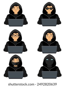 young hacker programmer it specialist coder sitting at a laptop in a sweater with a hood flat style vector illustration isolated on white background