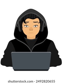 young hacker programmer it specialist coder sitting at a laptop in a sweater with a hood flat style vector illustration isolated on white background