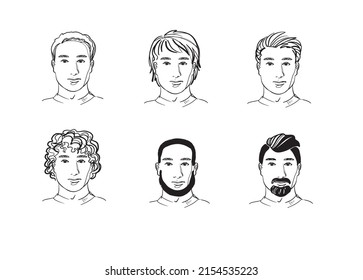 Young hair man portraits collection isolated vector illustration Vector icon set isolated