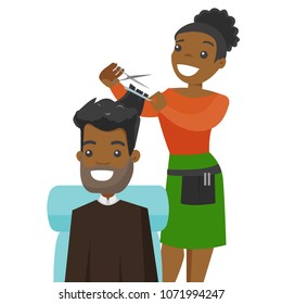 Young hairdresser cutting the hair of a man in barber shop. Barber making a haircut to a african-american client with scissors. Vector cartoon illustration isolated on white background. Square layout