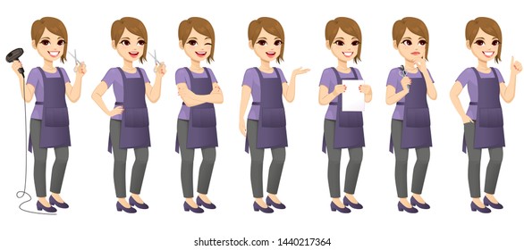 Young hairdresser woman standing posing with different gestures