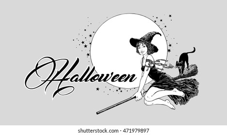Young Halloween witch flying on broom. Vector illustration, graphics for party poster