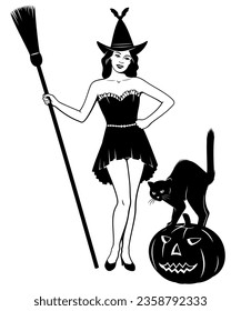 Joven bruja de Halloween de pie con palo de escoba, gato y calabaza. Clíparte vectorial de estilo de tinta negra y blanca. Todas las figuras son objetos separados.