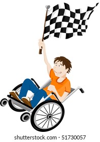 Young handicapped man in wheelchair with winner flag. Editable Vector Image