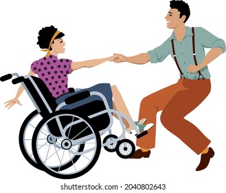 Young handicapped woman in a wheelchair dancing lindy hop or swing with a partner, EPS 8 vector illustration