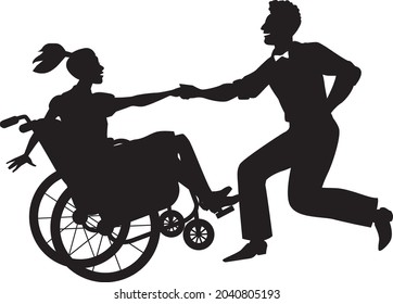 Young Handicapped Woman In A Wheelchair Dancing Lindy Hop Or Swing With A Partner, EPS 8 Vector Silhouette, No White Objects