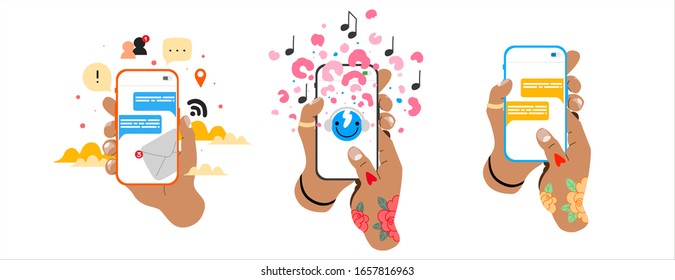 Young hands with flower tattoos holding smartphones. Trendy illustrations of hands, colourful cell phones, music notes, texture elements, text messages, symbols, clouds. Web, App design infographics. 
