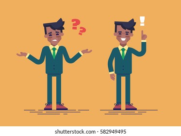 Young handsome african american businessman has a challenge and find a solution. Business concept. Vector illustration flat style.