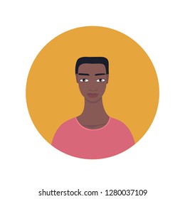 Young handsome African American Mixed Exotic looking man icon Dark skinned guy Portrait Perfect front face view Avatar profile picture for social media app Looks calm neutral mood wearing pink t-shirt