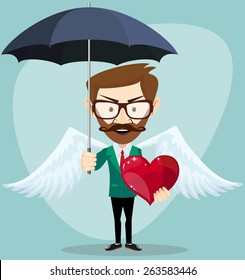 Young Handsome angel Man with an umbrella Wings and Heart - Young man, hipster, gives a gift for the holiday. Stock Vector  Illustration