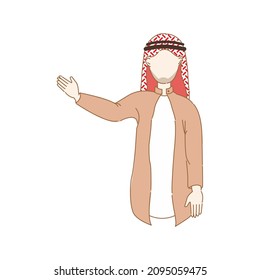 Young handsome Arabic happy man show presenting something with one hands concept. Cool Islamic male shows the welcome gesture concept. Isolated flat vector illustration on white background