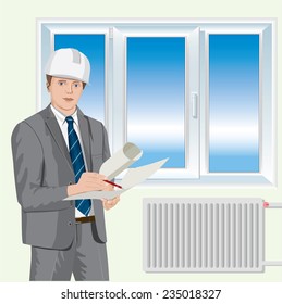 Young handsome architect engineer in white helmet posing with blueprints near the window. Vector Illustration.