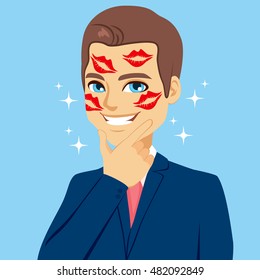 Young handsome attractive happy businessman proudly showing red lipstick marks on face