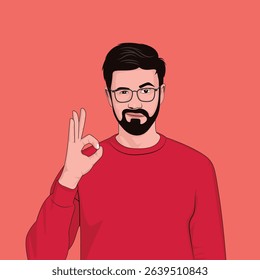 Young handsome beard man with glass and red tshirt flat cartoon vector illustration