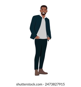 Young handsome black bearded stylish young man pose for fashion model. Flat vector illustration isolated on white background