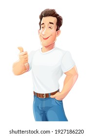 Young handsome boy in jeans and shirt gesture okay. White cartoon athletic man wear model. Isolated on white background. Eps10 vector illustration.