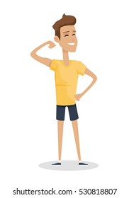 Young handsome boy show his biceps arm. Smiling muscular athlete in flat. Young boy in front shows a trained biceps. Isolated vector illustration on white background