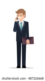 Young handsome business man making a phone call. Businessman talking to smart phone against a white background. Vector illustration