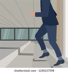Young handsome business man. Walking up the stairs going to work time at morning in the city, determination, confidence, lifestyle, rush hour, grow up and successful concept