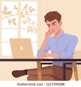 Young handsome businessman, busy working online with laptop at desk. Smart stylish student guy, formal office wear full sleeves shirt. Vector flat style creative illustration, room interior background