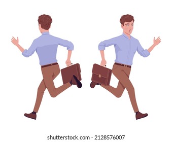 Young handsome businessman fast running late with case. Busy office attire boy, male manager in formal wear. Vector flat style cartoon character isolated on white background, front, rear view