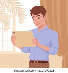 Young handsome businessman, happy freelancer busy working with tablet. Smart cute stylish student, guy in formal office wear shirt. Vector flat style creative illustration, room interior background