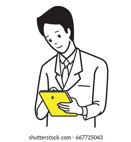 Young handsome businessman holding and touching tablet in technology business communication concept.  Outline cartoon style. 